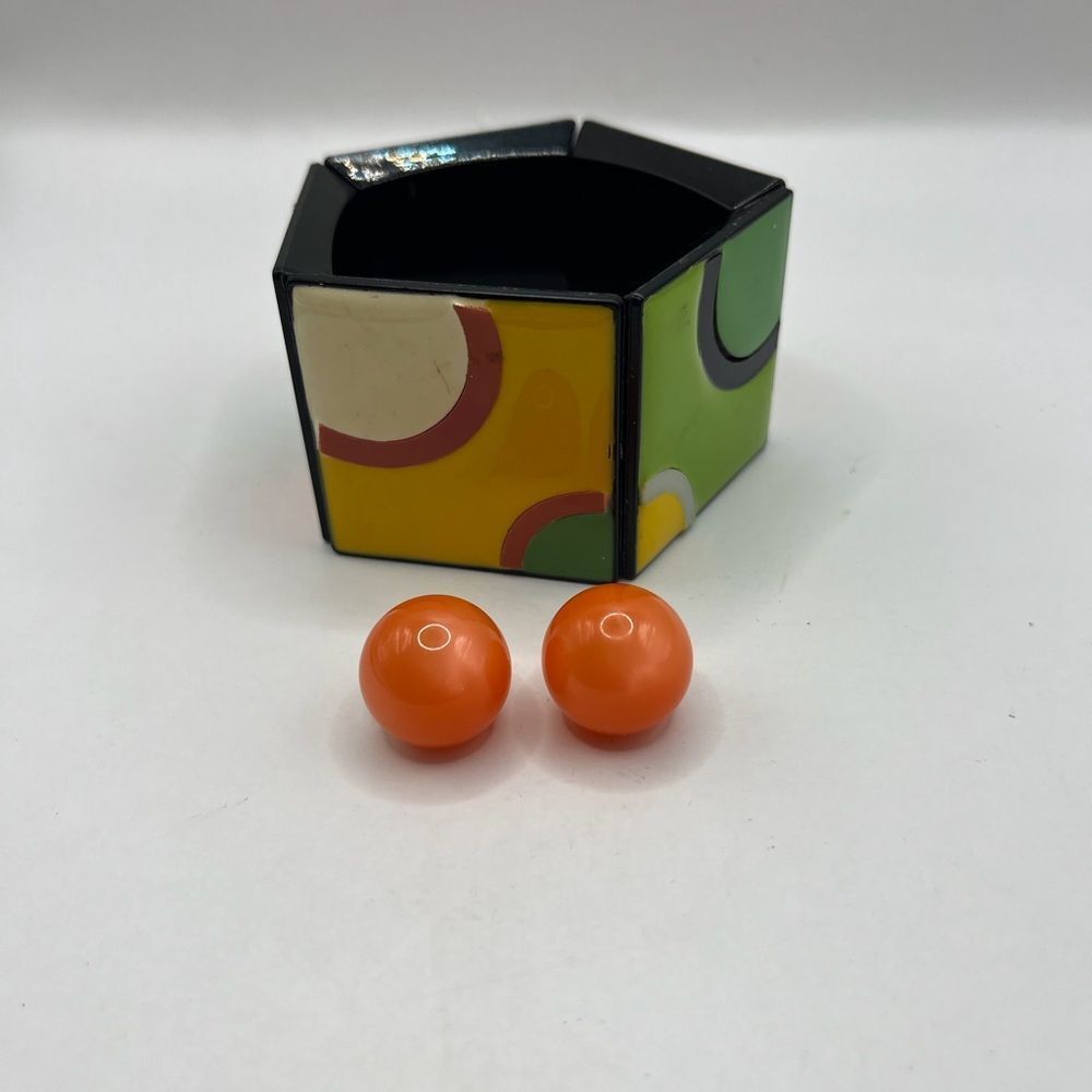 Colorful Geometric Lucite Bracelet and Orange Bead pierced earrings.